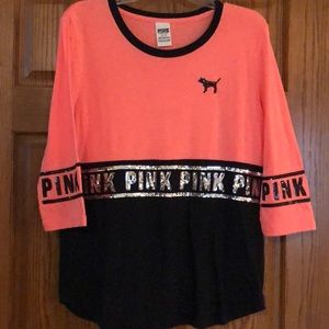 PINK 3/4 Length Bling Varsity Tee